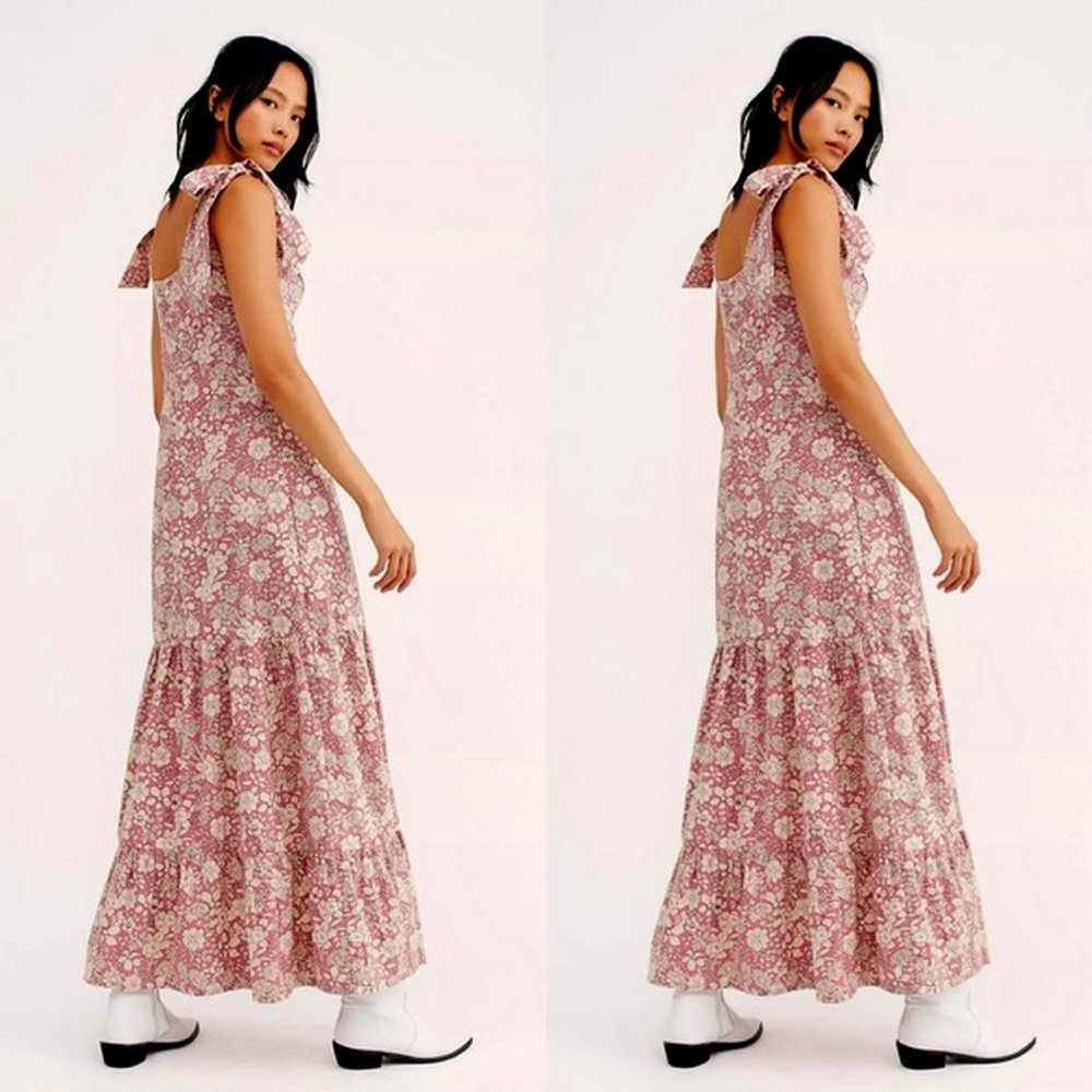 FREE PEOPLE  In-the-Field Beige Pink Flowers Tiered Long dress large